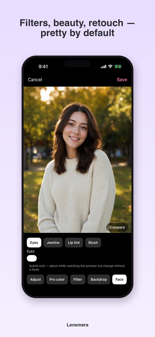 Lensmera editor face tools: clearer eyes, slimmer jawline, lip tint and blush on a portrait photo