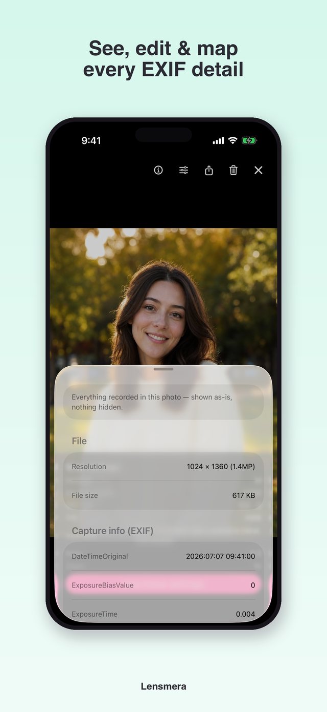 Lensmera photo info sheet showing full EXIF metadata over a portrait in the gallery viewer
