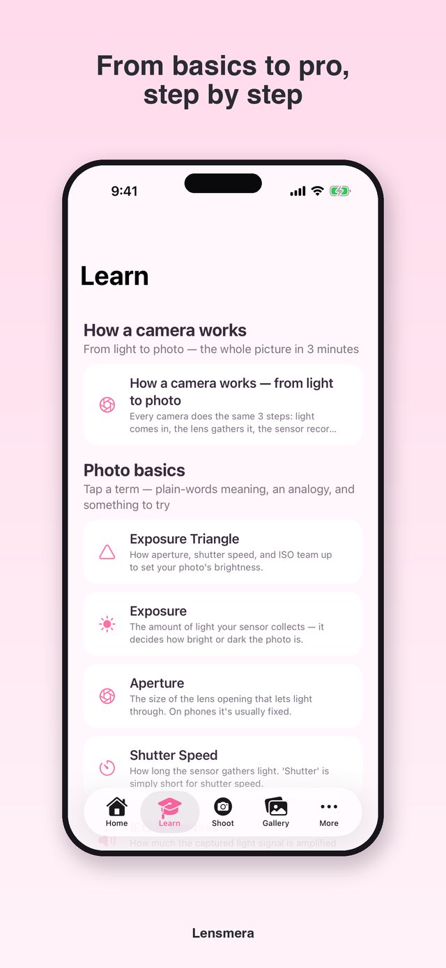 Lensmera Learn tab: camera basics curriculum with exposure triangle, exposure, aperture and shutter speed lessons