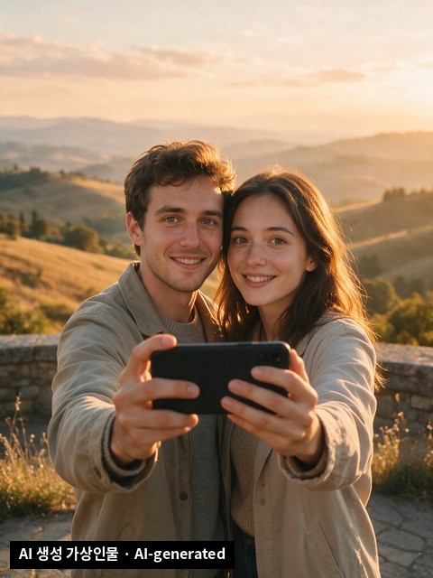A couple at a scenic spot holding out their phone, asking for a photo