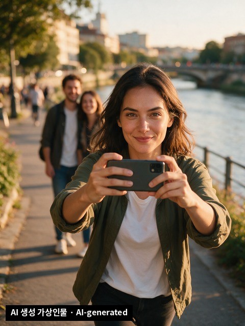 A confident young person stepping forward to take a photo for friends at golden hour