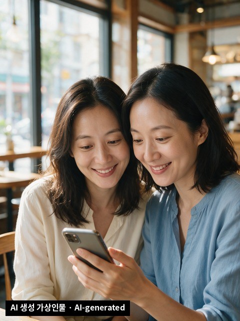 Three friends delighted by a photo on a phone in a cafe