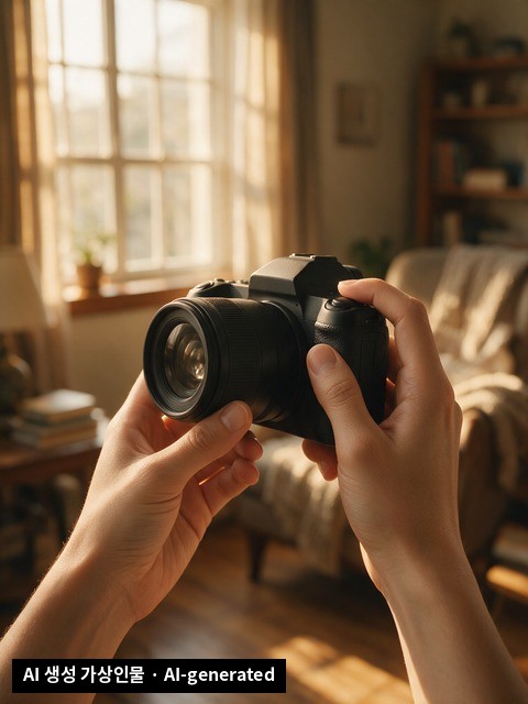 Hands holding a real mirrorless camera