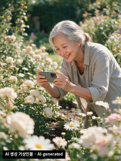 A senior woman happily photographing flowers with her phone